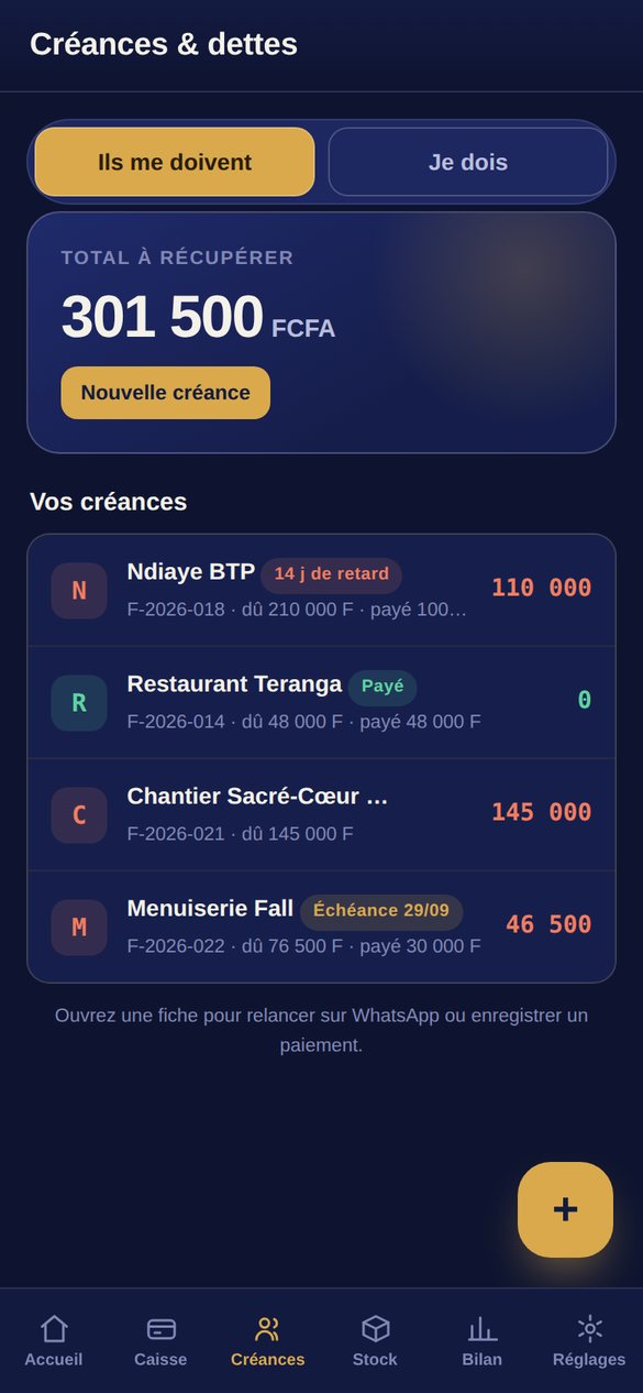 L'écran des créances sur téléphone : total à récupérer et jours de retard par facture