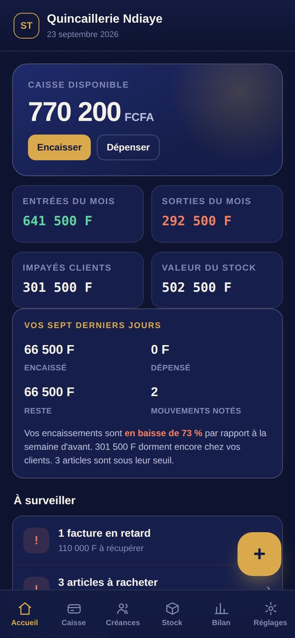 Sunu Trésor — plateforme de gestion financière pour commerçants, quatorze jours d'essai gratuit